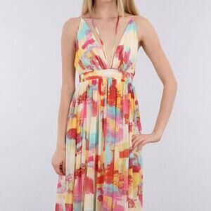 Miss Avenue Pastel Multicolor Deep-V Spaghetti Cross Back Maxi Dress Size Small